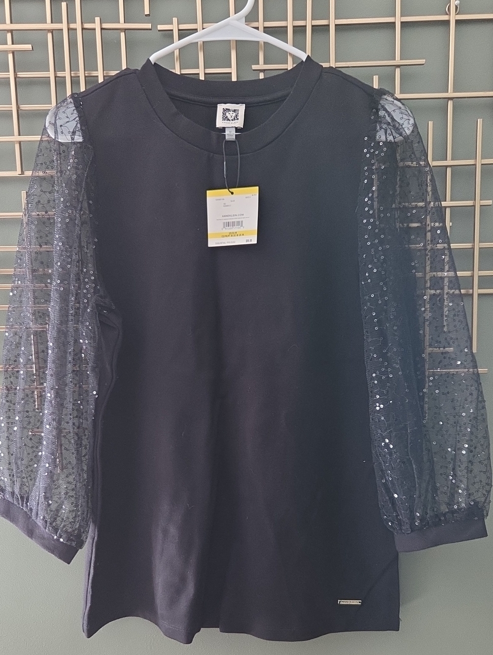 Sequin Mesh Sleeve Black Women's Top, Size M